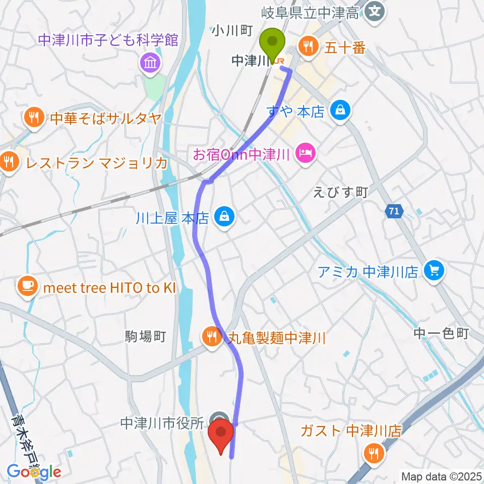 中津川文化会館の最寄駅中津川駅からの徒歩ルート（約25分）地図