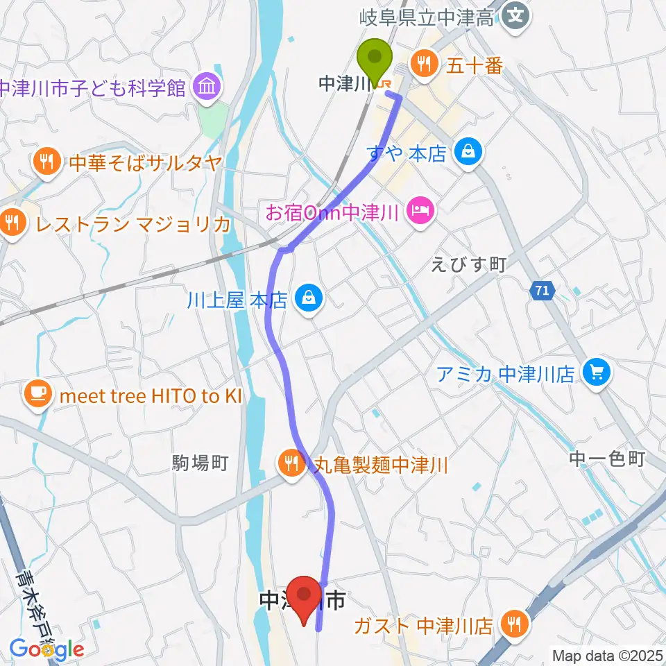 中津川文化会館の最寄駅中津川駅からの徒歩ルート（約25分）地図