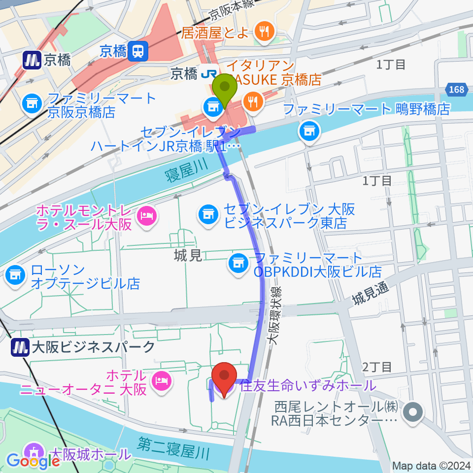 京橋駅から住友生命いずみホールへのルートマップ地図