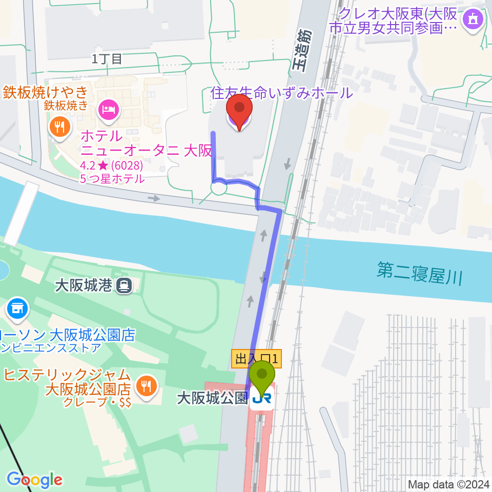 住友生命いずみホールの最寄駅大阪城公園駅からの徒歩ルート（約4分）地図