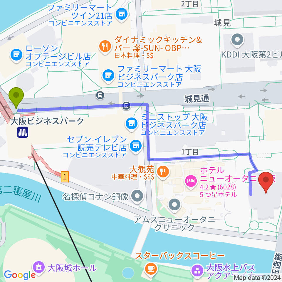 大阪ビジネスパーク駅から住友生命いずみホールへのルートマップ地図