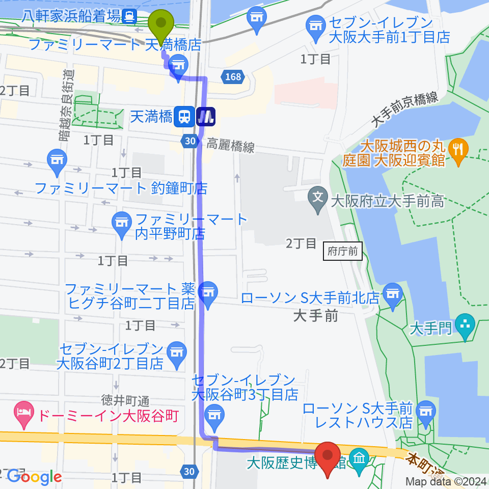 天満橋駅からNHK大阪ホールへのルートマップ地図