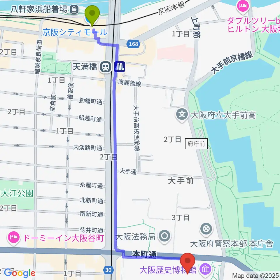 天満橋駅からNHK大阪ホールへのルートマップ地図