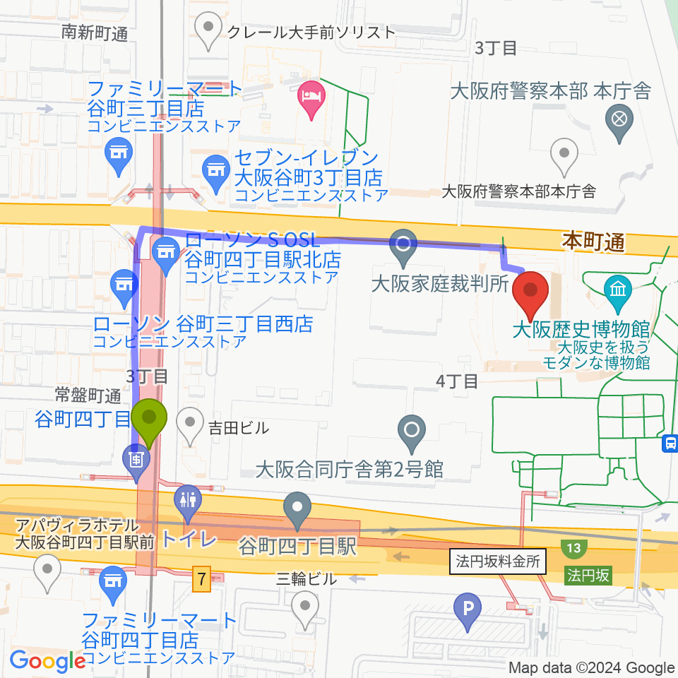 NHK大阪ホールの最寄駅谷町四丁目駅からの徒歩ルート（約5分）地図