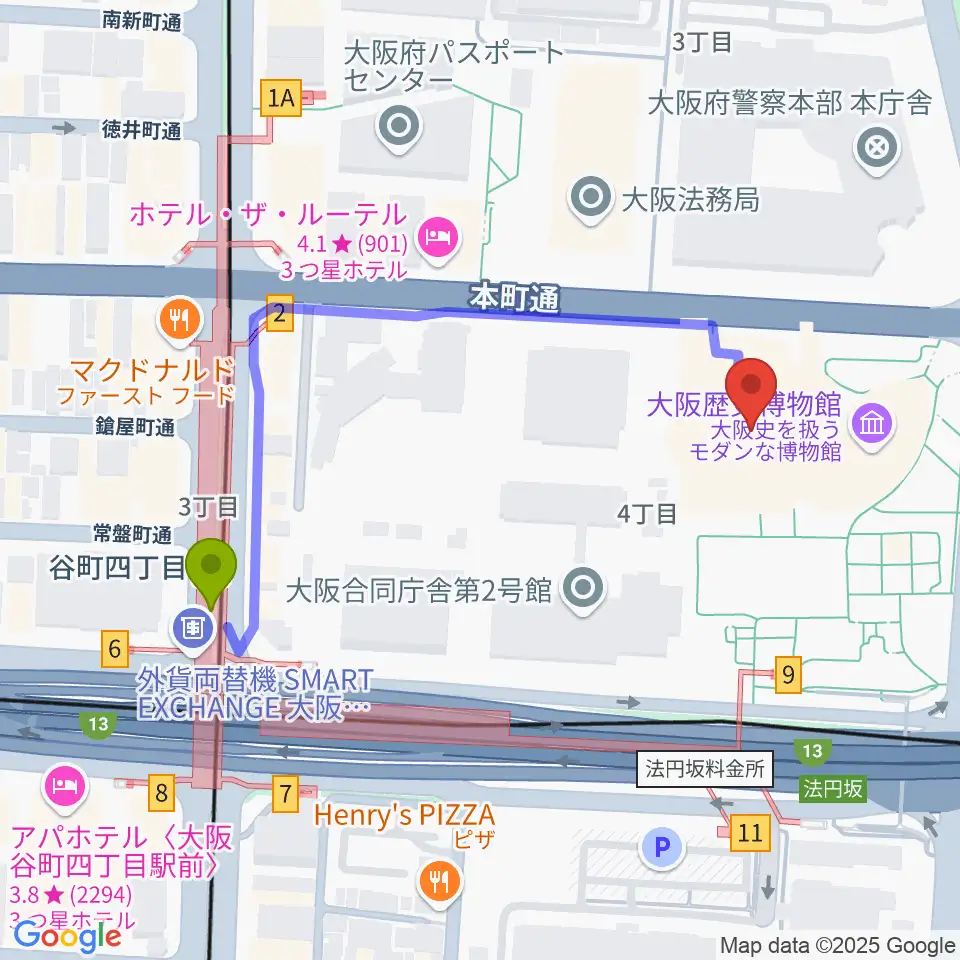 NHK大阪ホールの最寄駅谷町四丁目駅からの徒歩ルート（約5分）地図