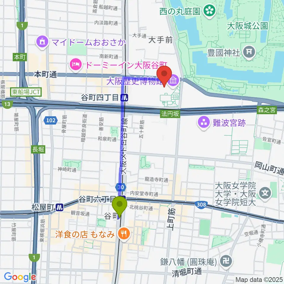 谷町六丁目駅からNHK大阪ホールへのルートマップ地図