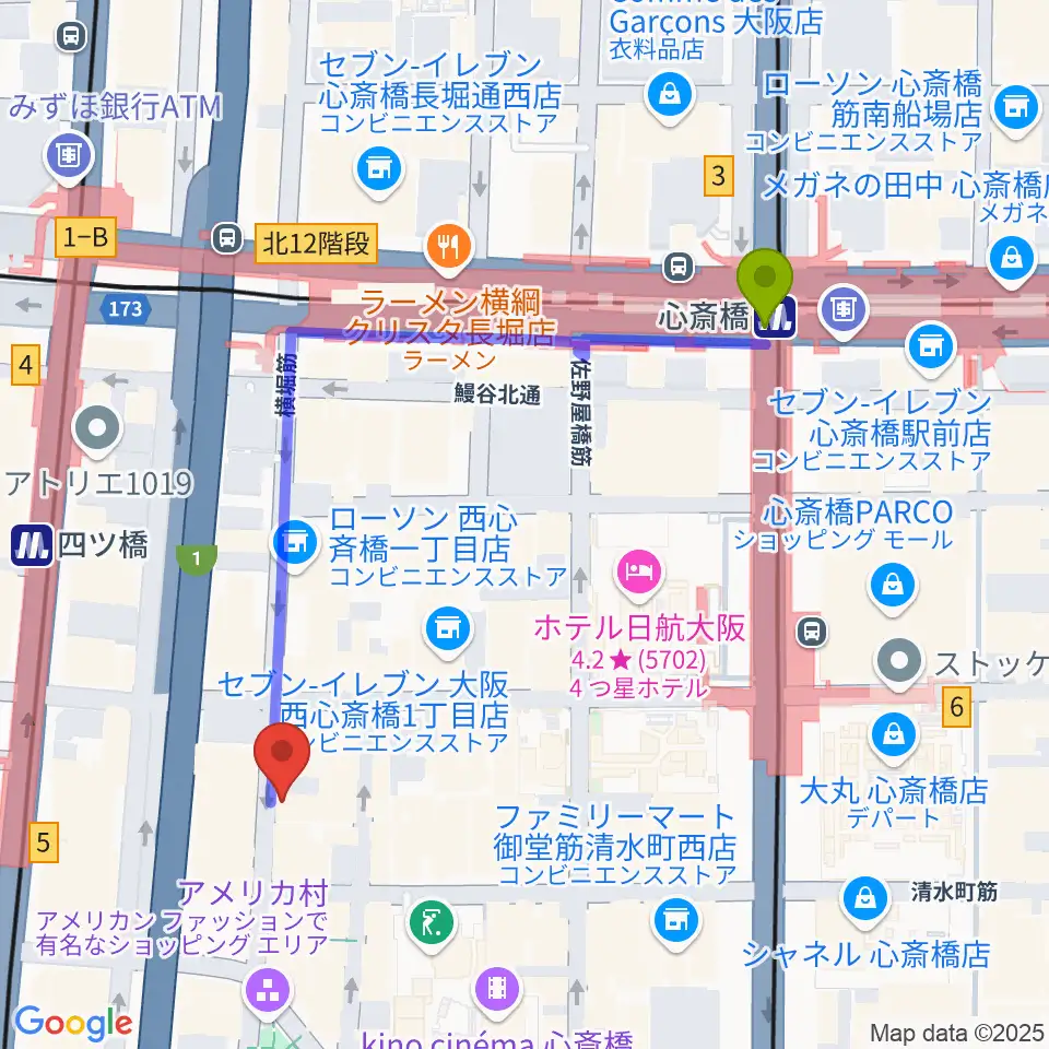 心斎橋駅から心斎橋AtlantiQsへのルートマップ地図