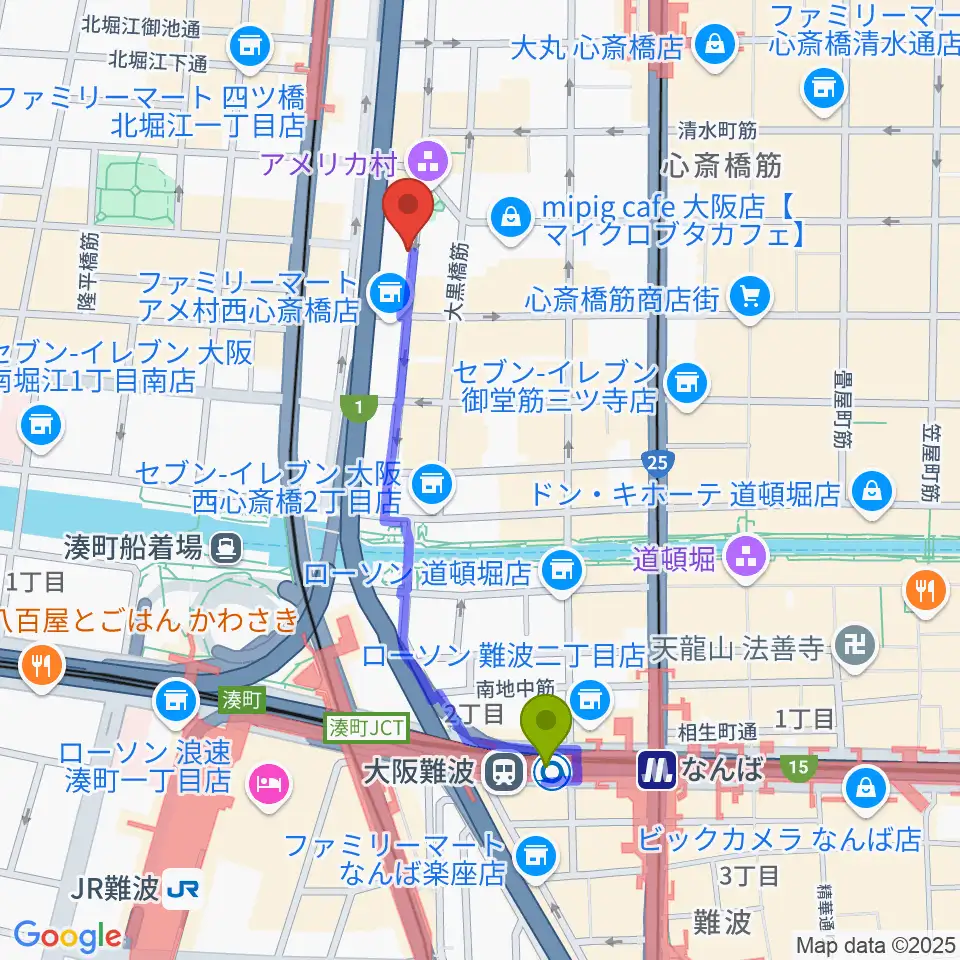 大阪難波駅からFANJ twiceへのルートマップ地図