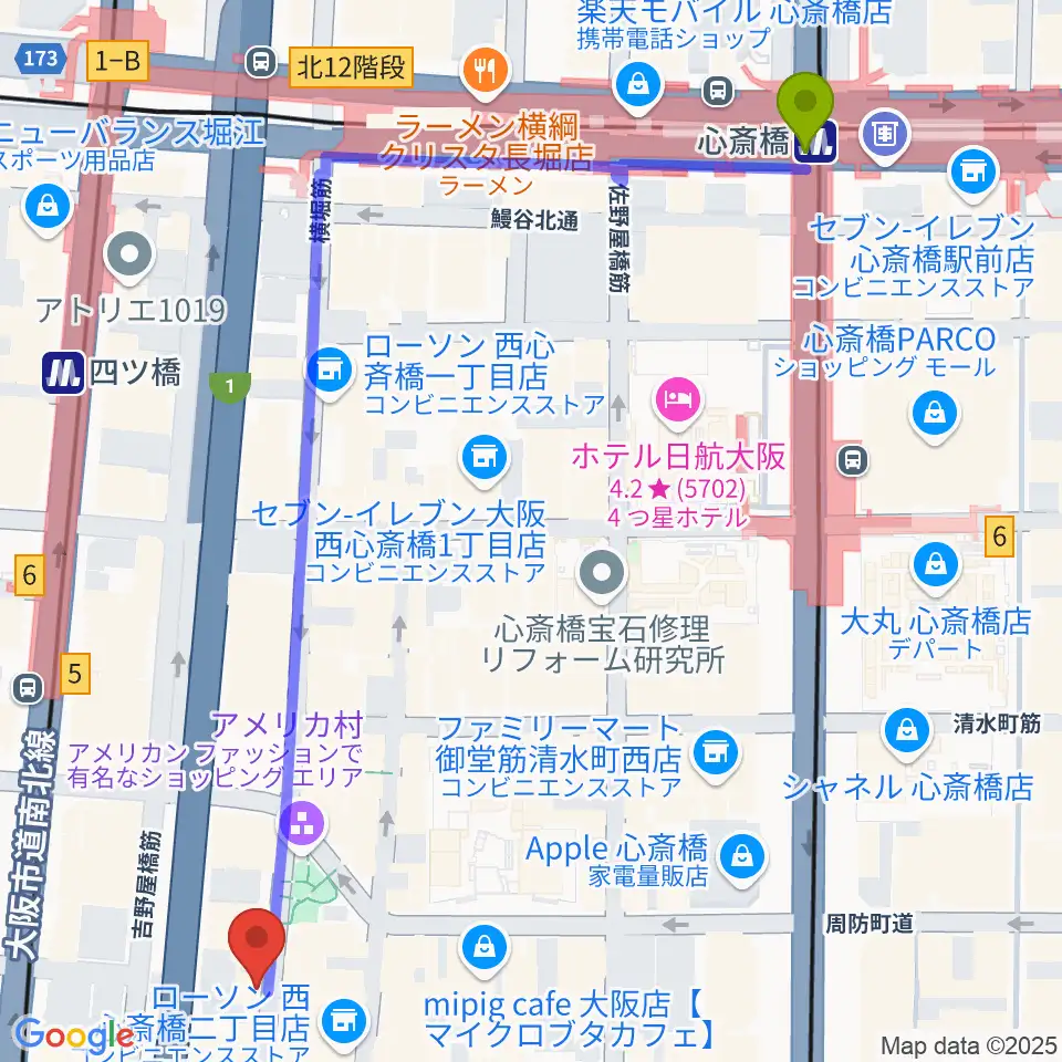 心斎橋駅からFANJ twiceへのルートマップ地図