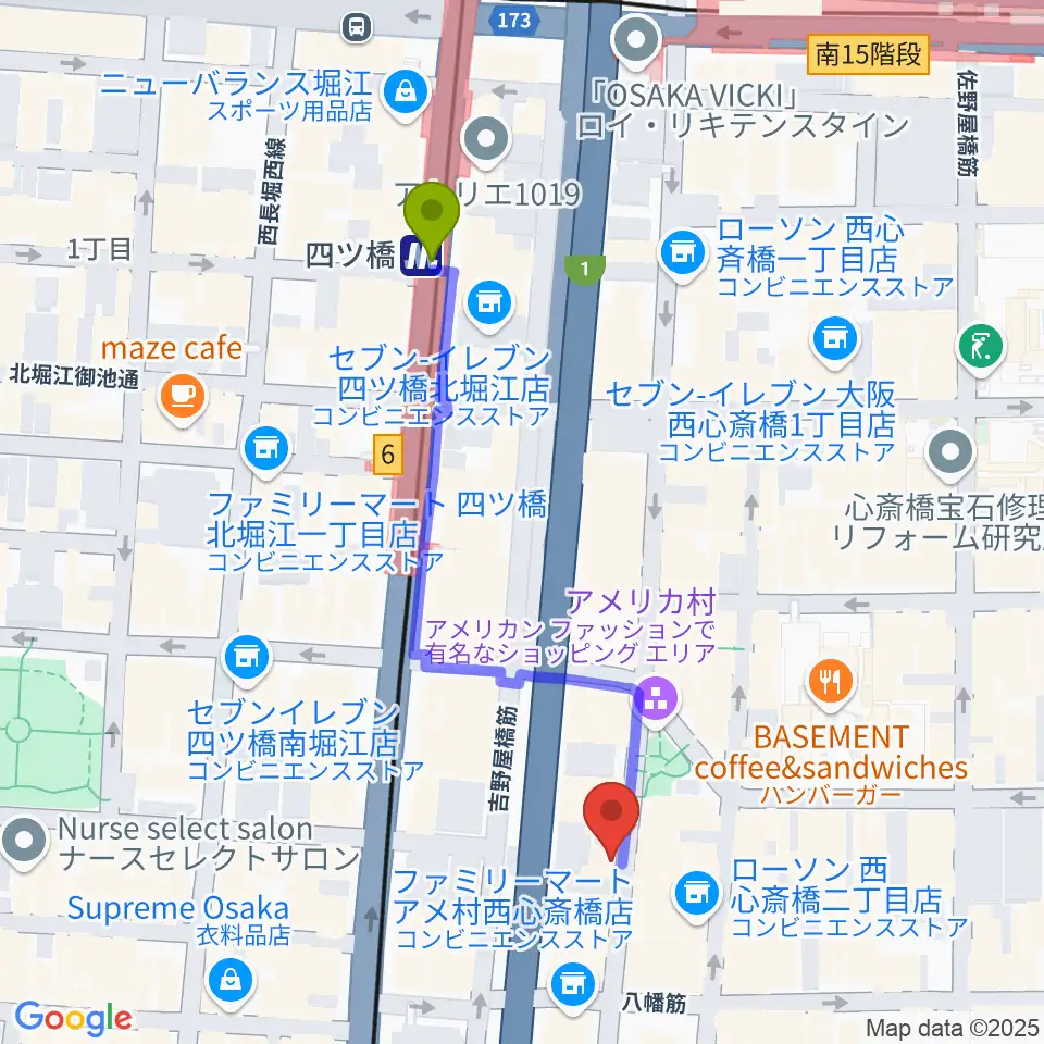 FANJ twiceの最寄駅四ツ橋駅からの徒歩ルート（約5分）地図