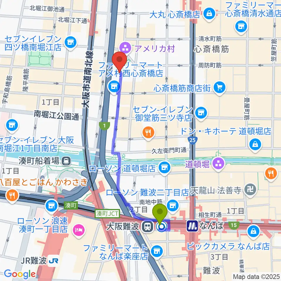 大阪難波駅から心斎橋キングコブラへのルートマップ地図