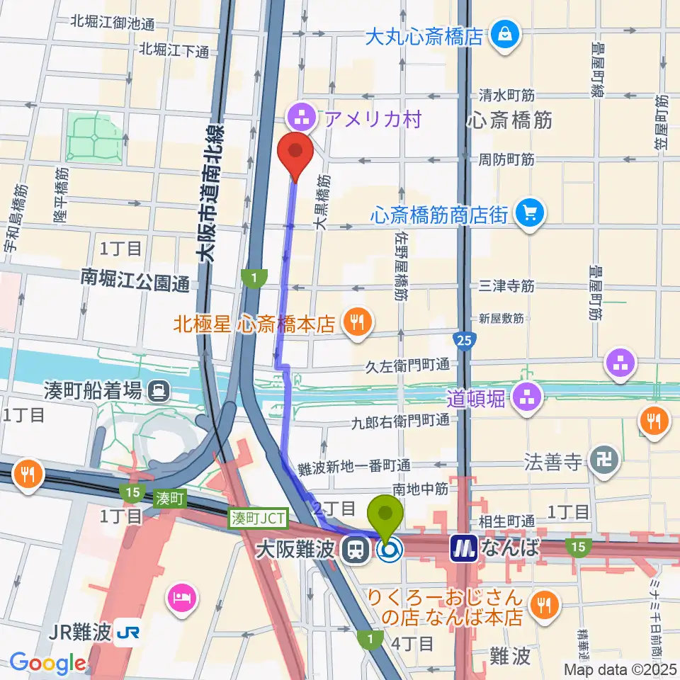 大阪難波駅から心斎橋キングコブラへのルートマップ地図