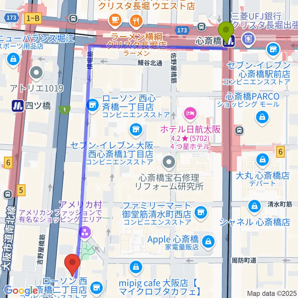 心斎橋駅から心斎橋キングコブラへのルートマップ地図