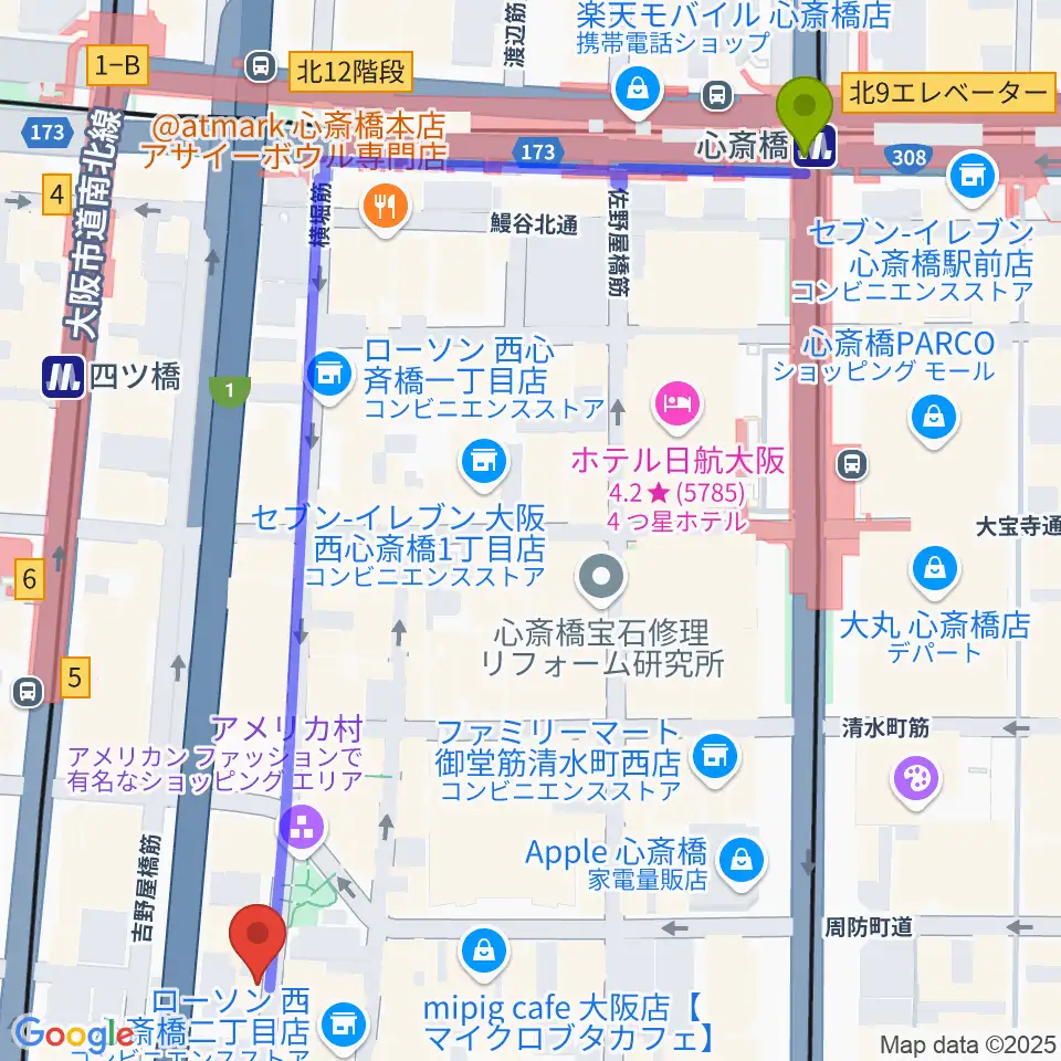 心斎橋駅から心斎橋キングコブラへのルートマップ地図