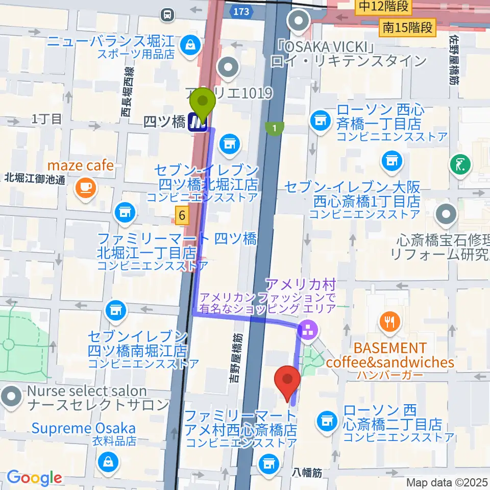 心斎橋キングコブラの最寄駅四ツ橋駅からの徒歩ルート（約5分）地図