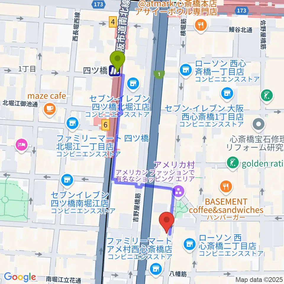 心斎橋キングコブラの最寄駅四ツ橋駅からの徒歩ルート（約5分）地図