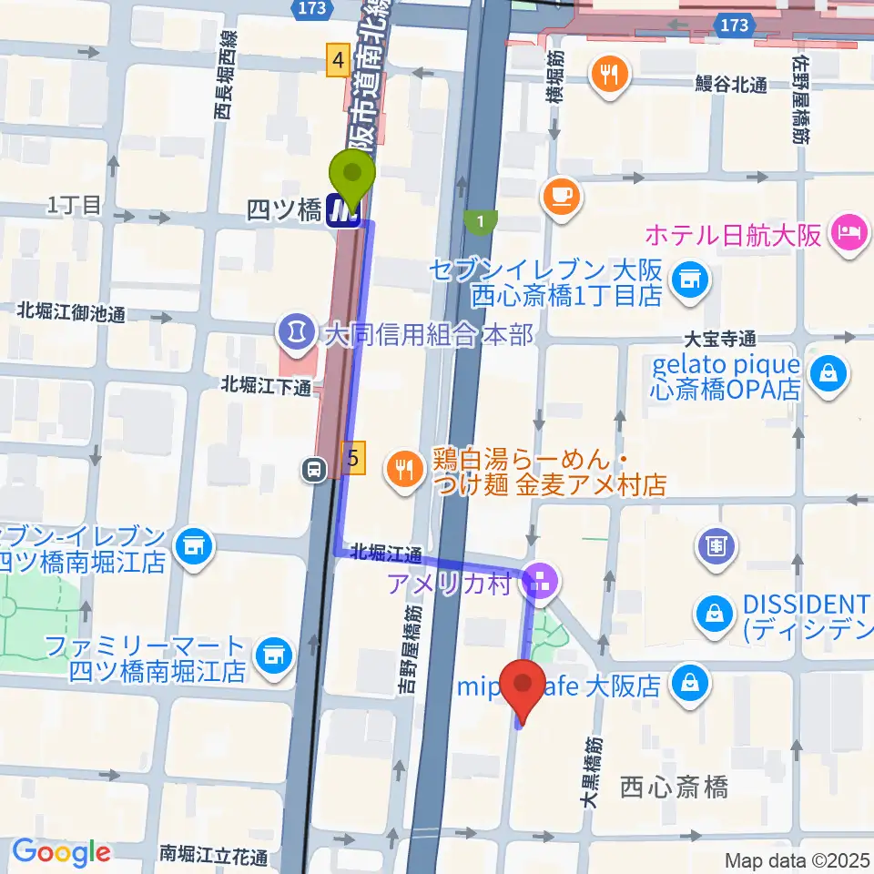 心斎橋キングコブラの最寄駅四ツ橋駅からの徒歩ルート（約5分）地図