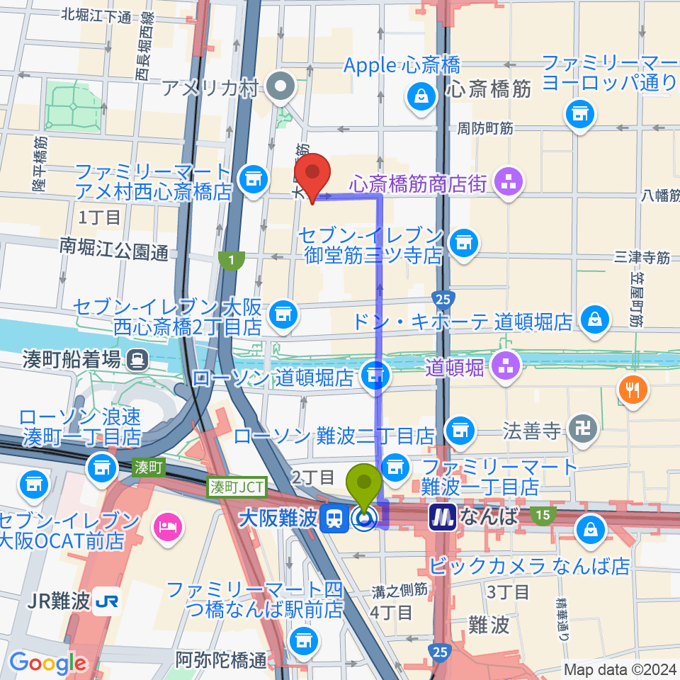 大阪難波駅から心斎橋サンホールへのルートマップ Mdata