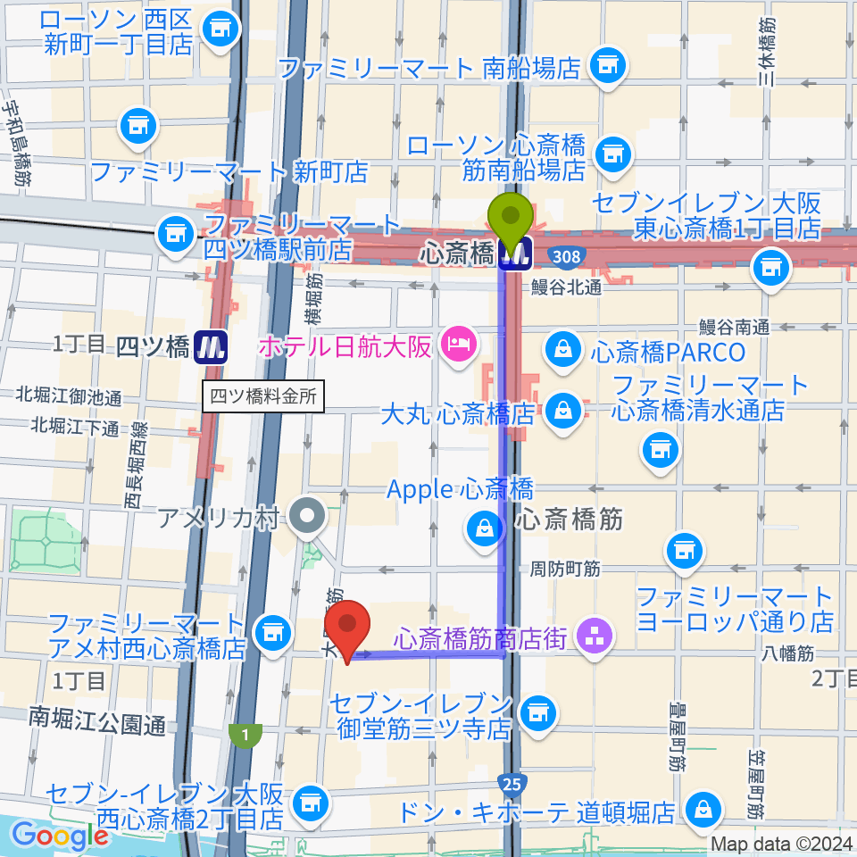 心斎橋駅から心斎橋SUNHALLへのルートマップ地図