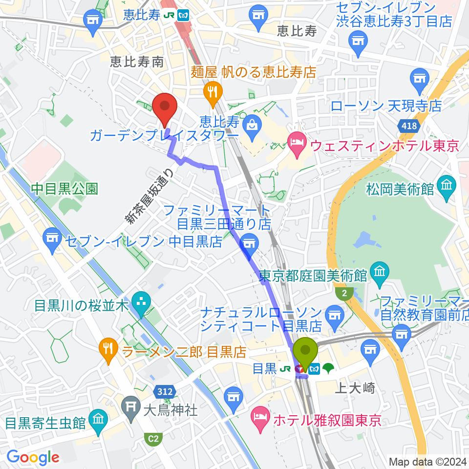 目黒駅からATOゴスペル教室 恵比寿本校へのルートマップ地図