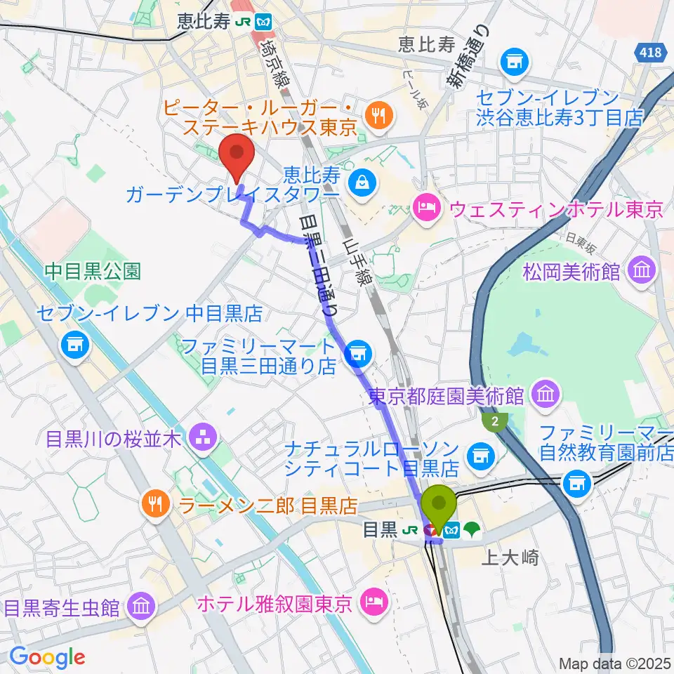 目黒駅からATOゴスペル教室 恵比寿本校へのルートマップ地図