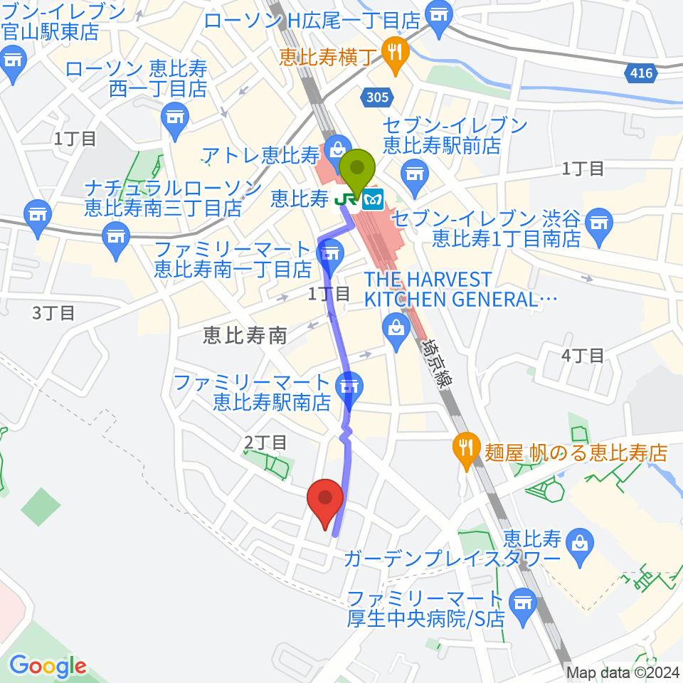 ATOゴスペル教室 恵比寿本校の最寄駅恵比寿駅からの徒歩ルート（約8分）地図