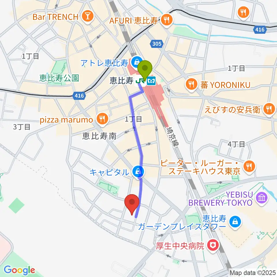 ATOゴスペル教室 恵比寿本校の最寄駅恵比寿駅からの徒歩ルート（約8分）地図
