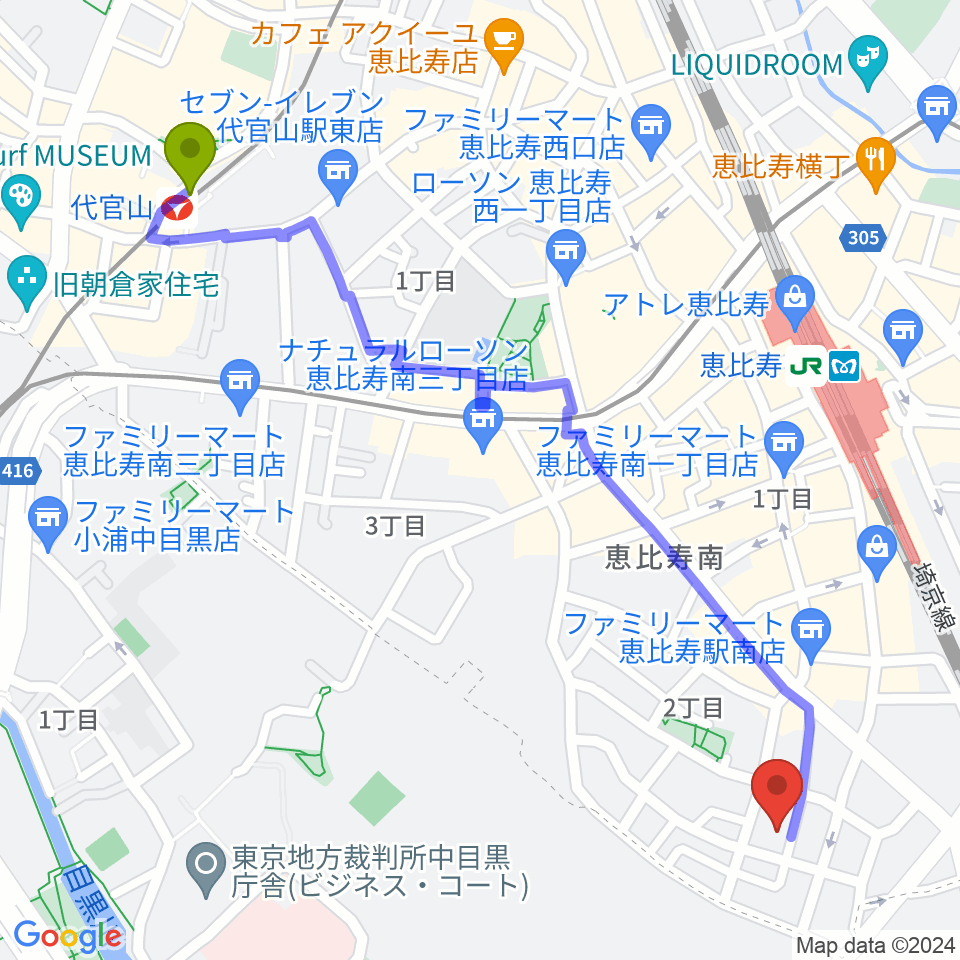 代官山駅からATOゴスペル教室 恵比寿本校へのルートマップ地図