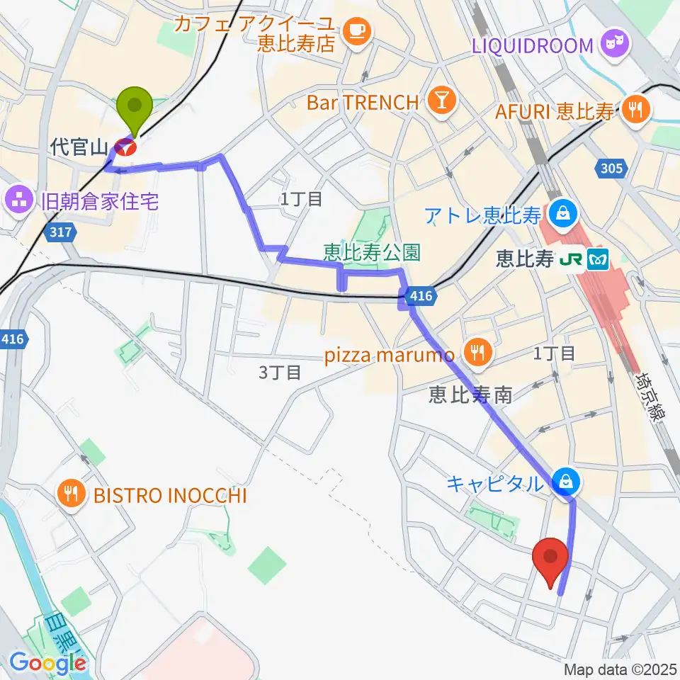 代官山駅からATOゴスペル教室 恵比寿本校へのルートマップ地図