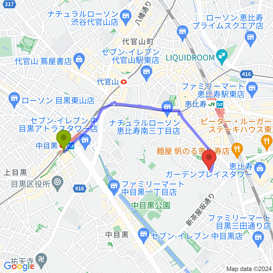 中目黒駅からATOゴスペル教室 恵比寿本校へのルートマップ地図
