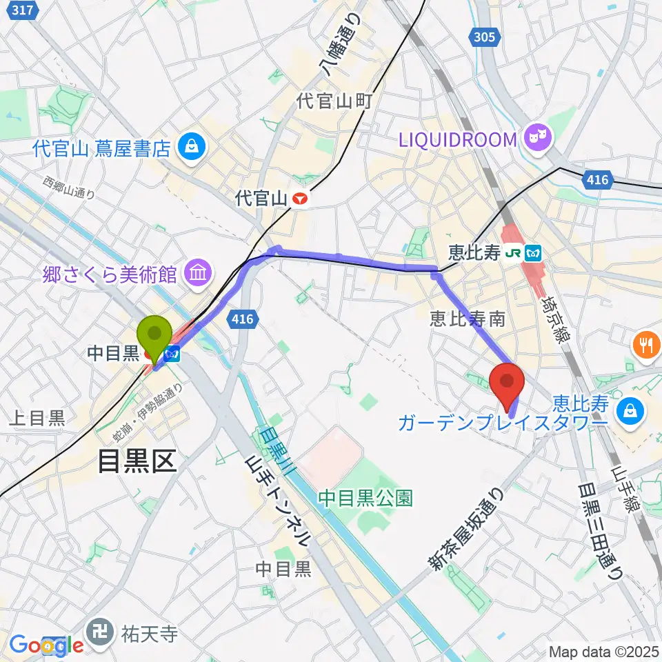 中目黒駅からATOゴスペル教室 恵比寿本校へのルートマップ地図
