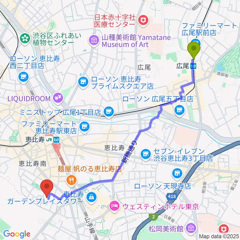 広尾駅からATOゴスペル教室 恵比寿本校へのルートマップ地図