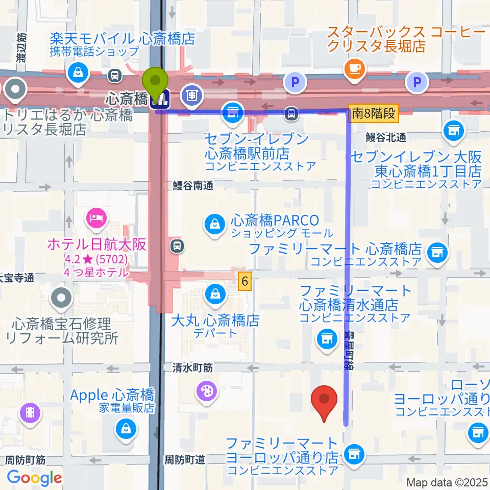 OSAKA MUSEの最寄駅心斎橋駅からの徒歩ルート（約6分）地図