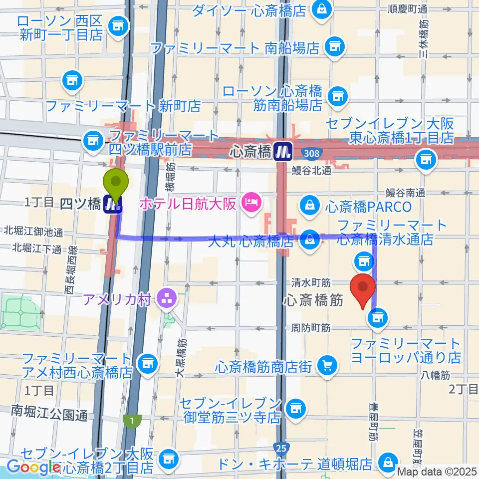 四ツ橋駅からOSAKA MUSEへのルートマップ地図