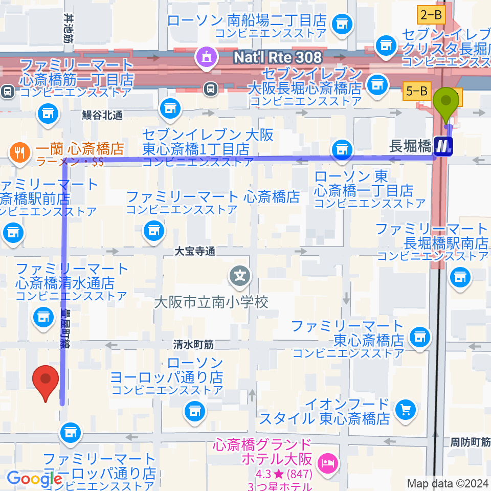 長堀橋駅から大阪MUSEへのルートマップ地図