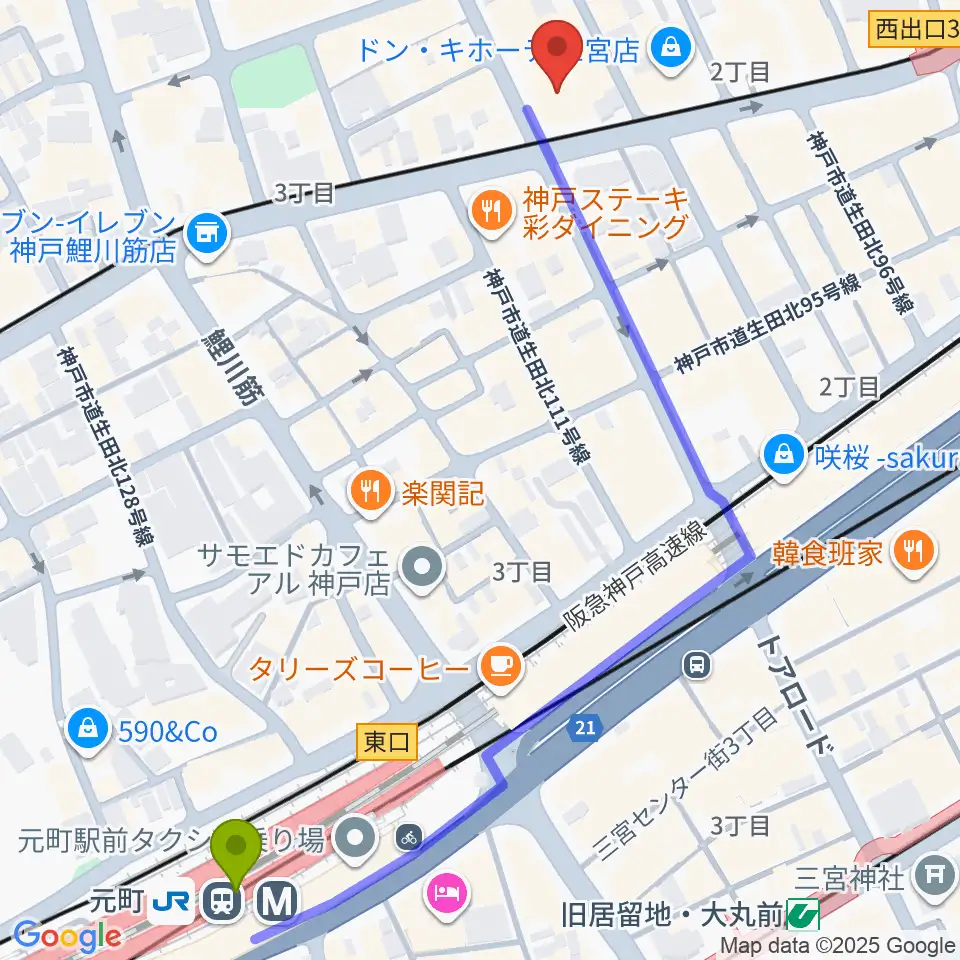 神戸VARIT.の最寄駅元町駅からの徒歩ルート（約7分）地図