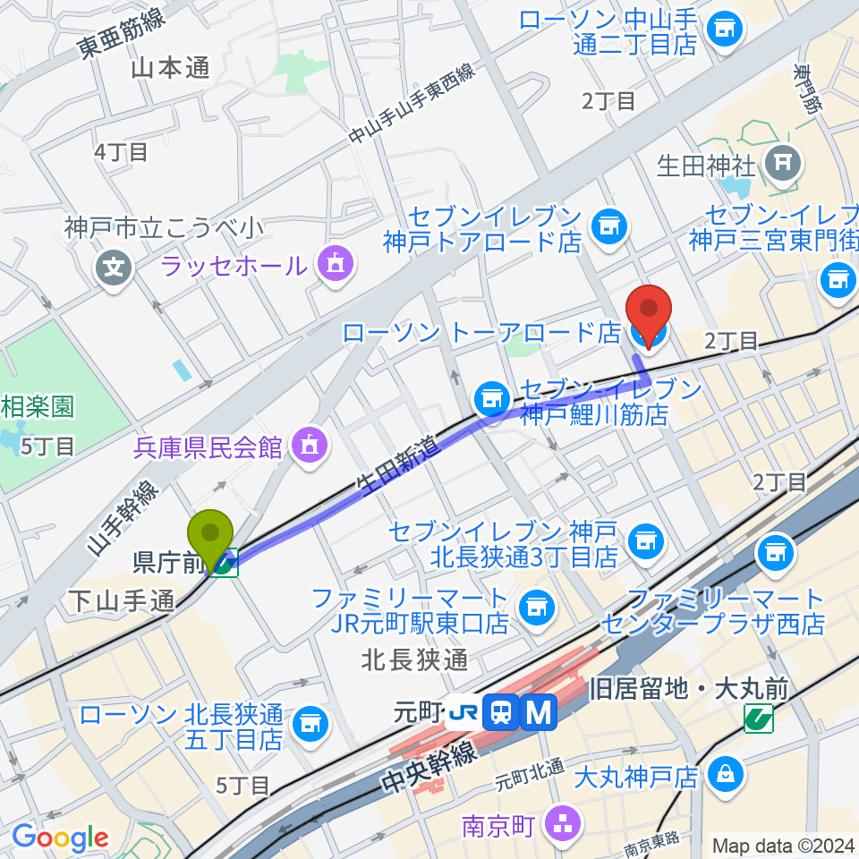 県庁前駅から神戸VARIT.へのルートマップ地図