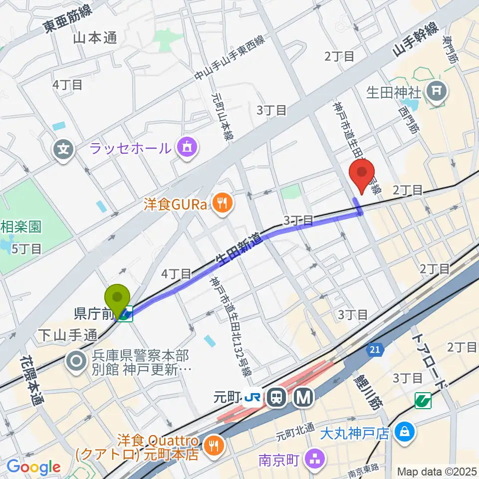 県庁前駅から神戸VARIT.へのルートマップ地図
