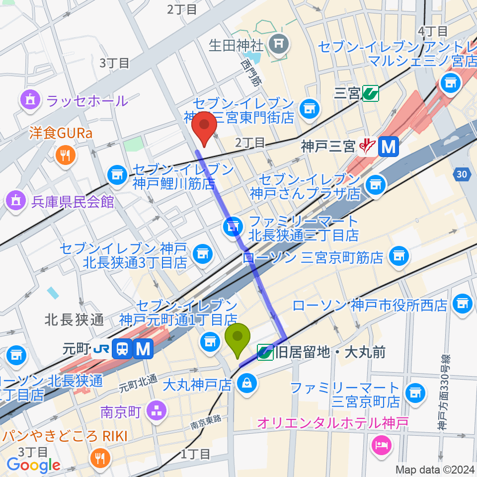 旧居留地・大丸前駅から神戸VARIT.へのルートマップ地図