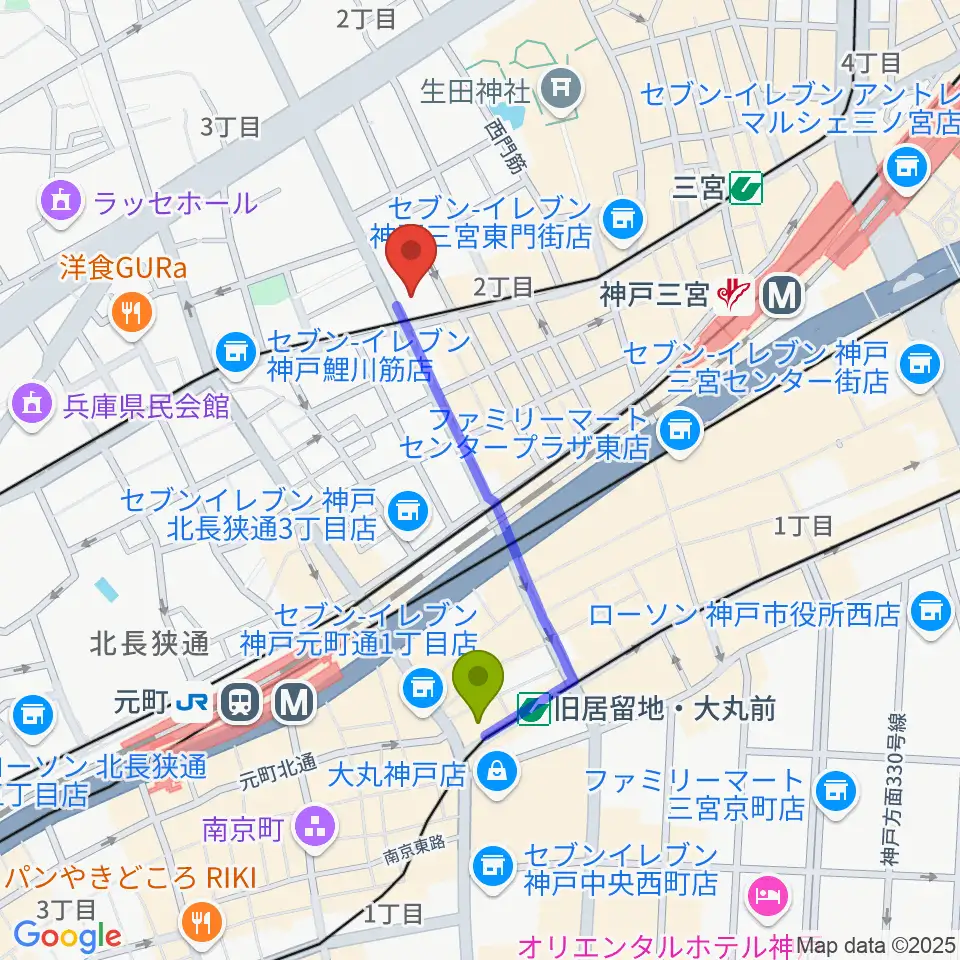 旧居留地・大丸前駅から神戸VARIT.へのルートマップ地図