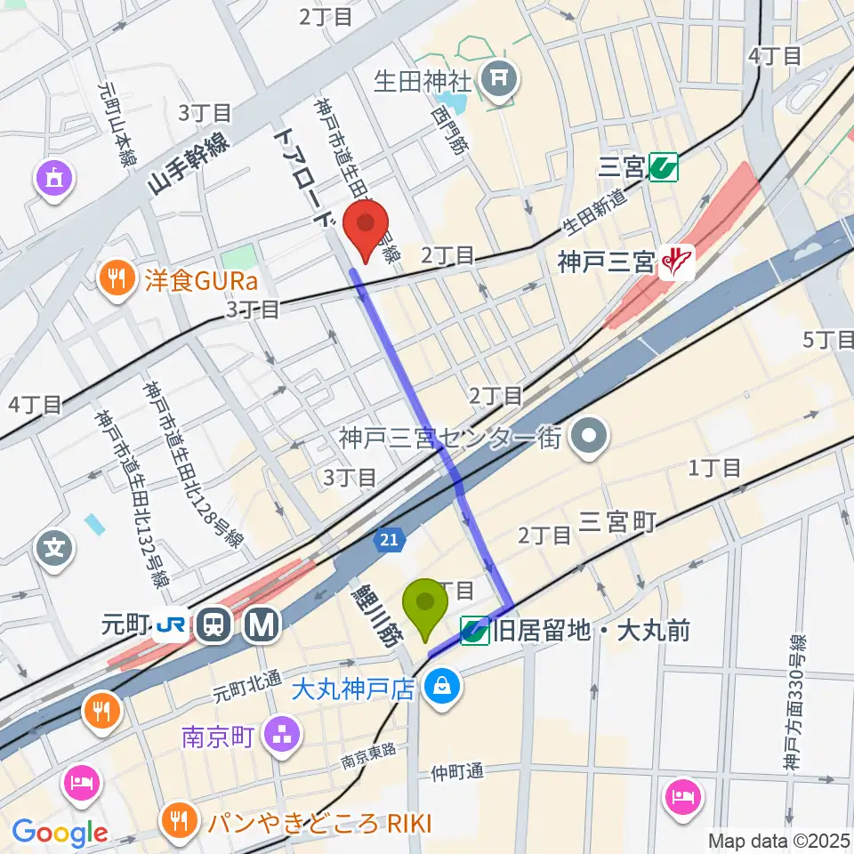 旧居留地・大丸前駅から神戸VARIT.へのルートマップ地図