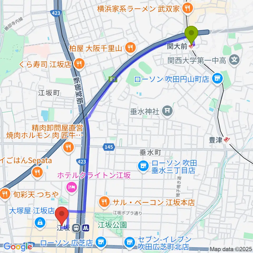 関大前駅から江坂ミューズへのルートマップ地図