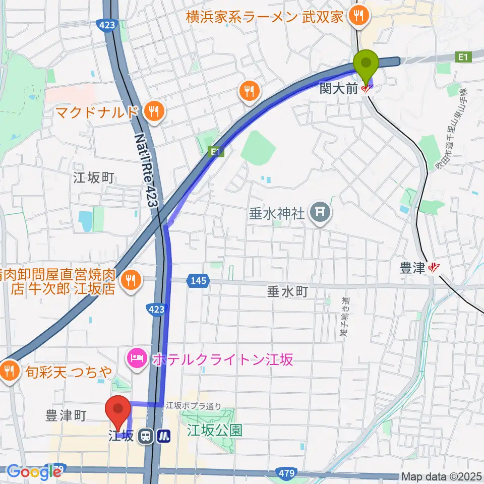 関大前駅から江坂ミューズへのルートマップ地図