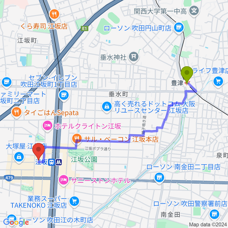 豊津駅から江坂ミューズへのルートマップ地図