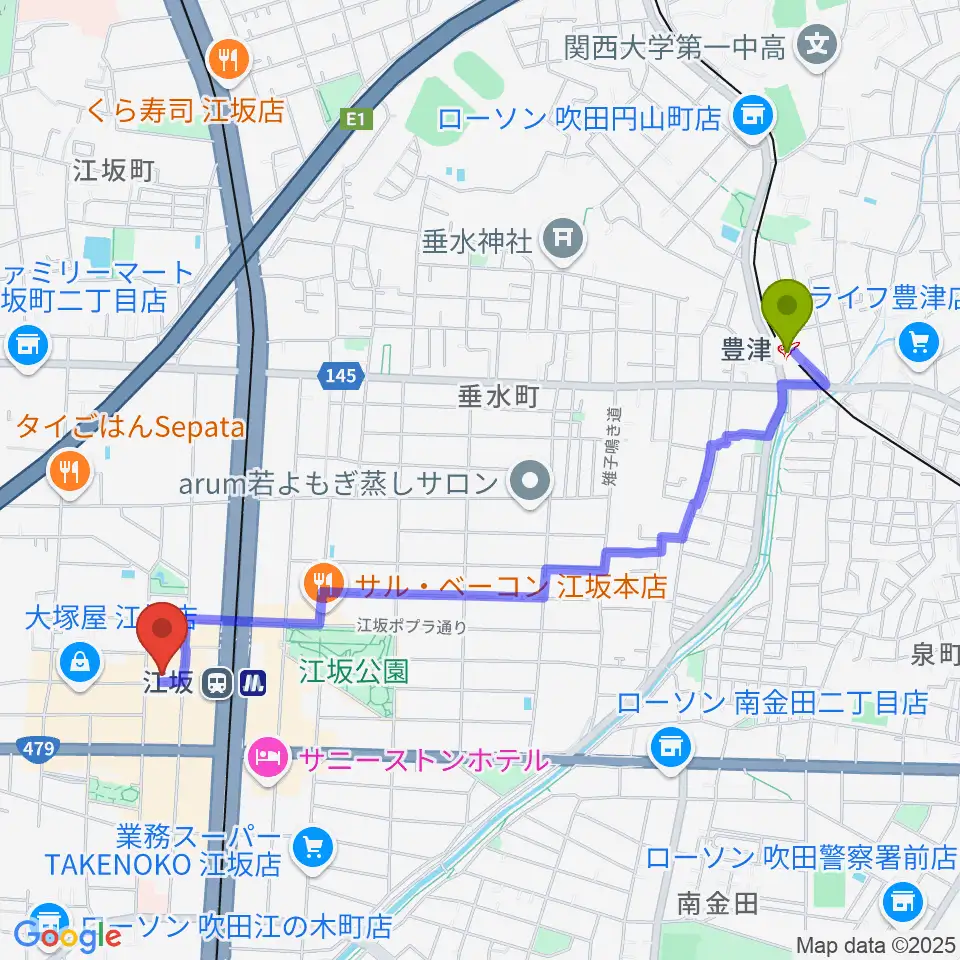 豊津駅から江坂ミューズへのルートマップ地図