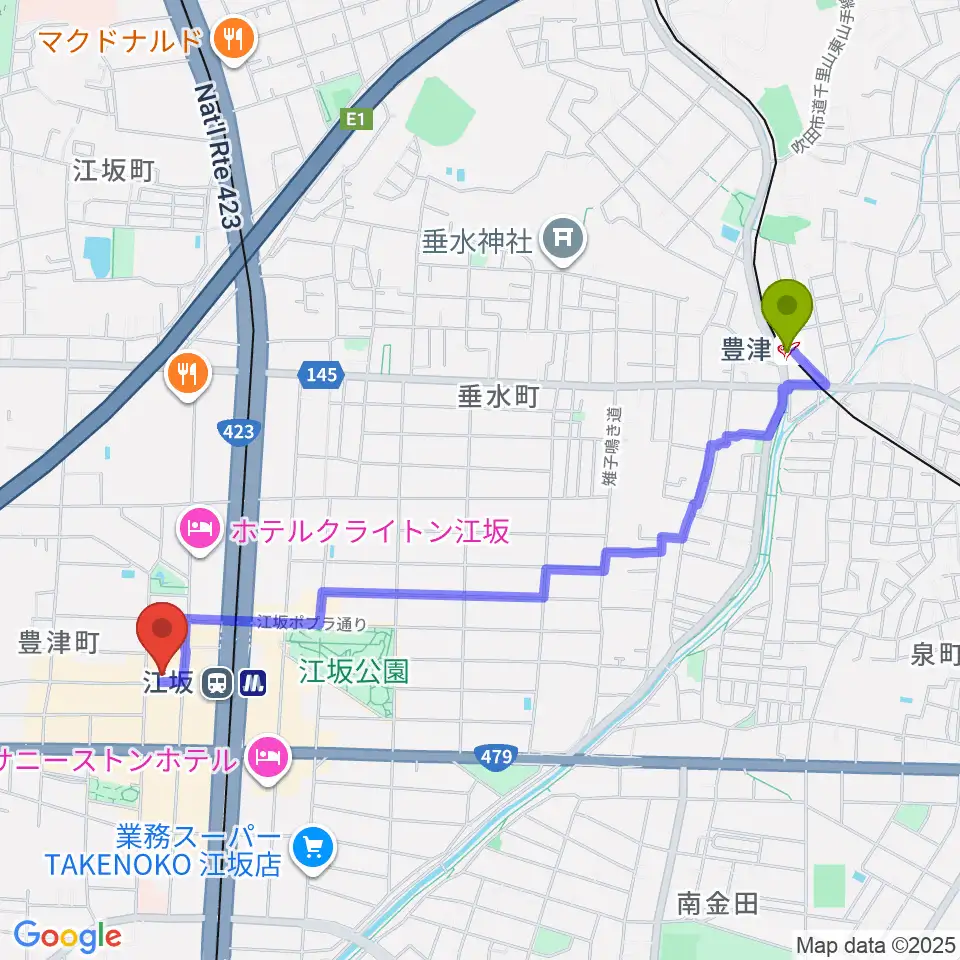 豊津駅から江坂ミューズへのルートマップ地図