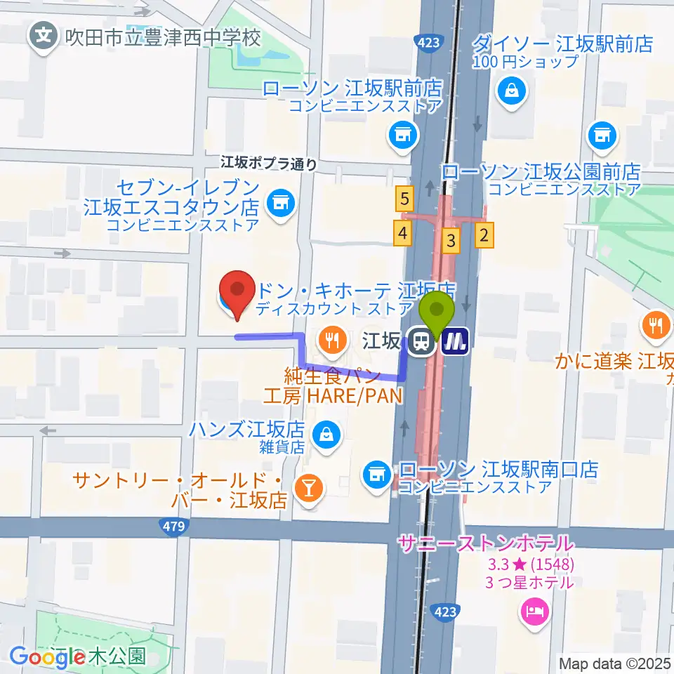 江坂ミューズの最寄駅江坂駅からの徒歩ルート（約2分）地図
