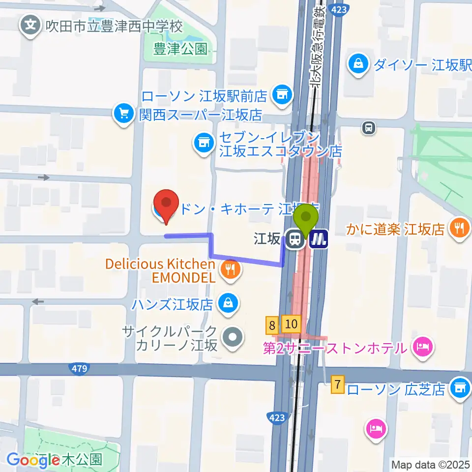 江坂ミューズの最寄駅江坂駅からの徒歩ルート（約2分）地図