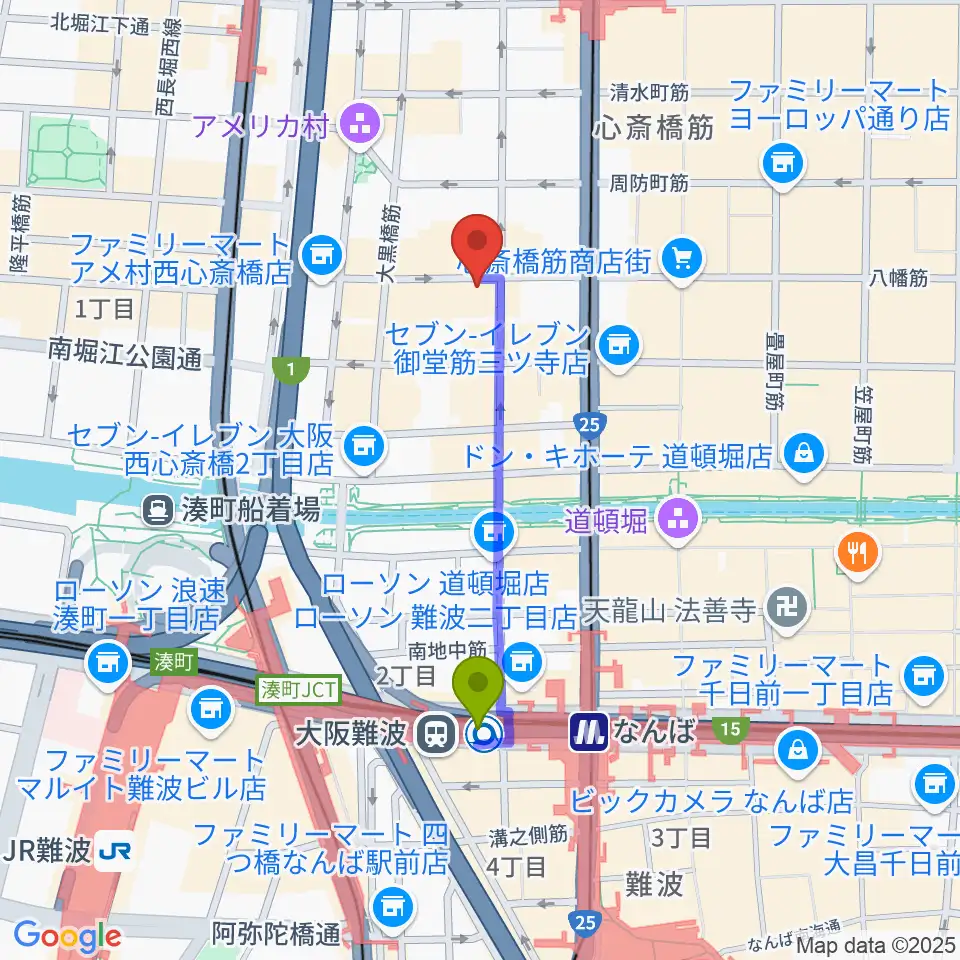 大阪難波駅から心斎橋HOKAGEへのルートマップ地図