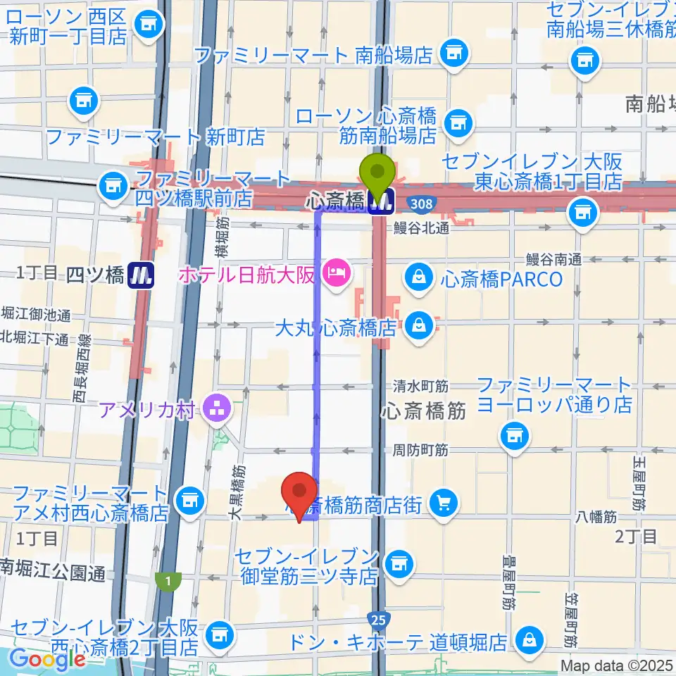 心斎橋駅から心斎橋HOKAGEへのルートマップ地図